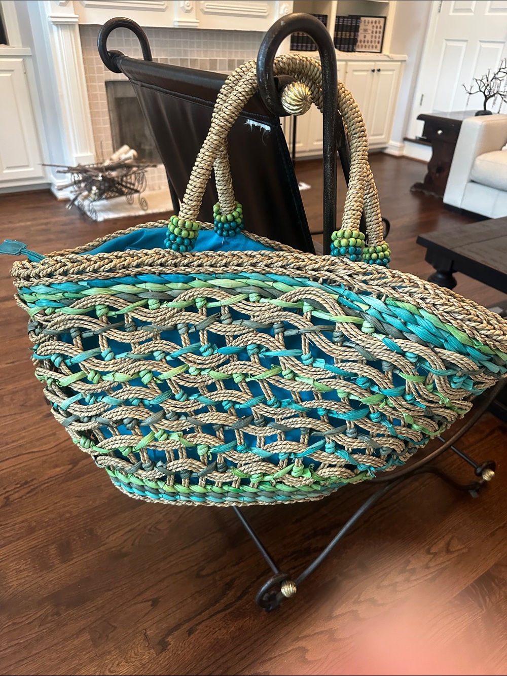 Sun and Sand Handwoven Straw Tote with Teal and Green Accents Large